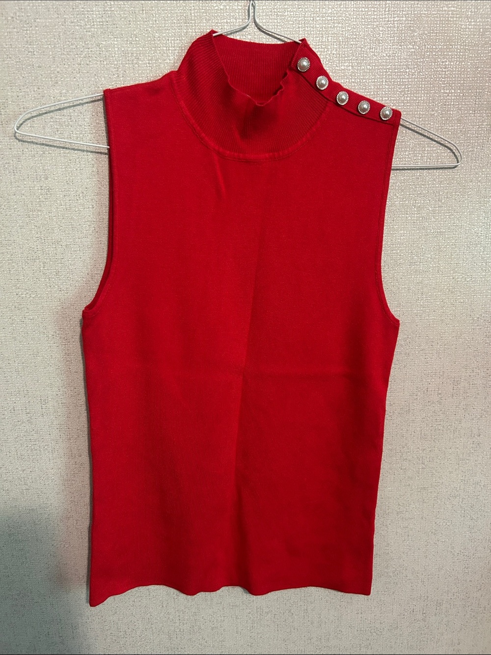 Mock Neck Sleeveless Tank with Shoulder Button Detail in Red